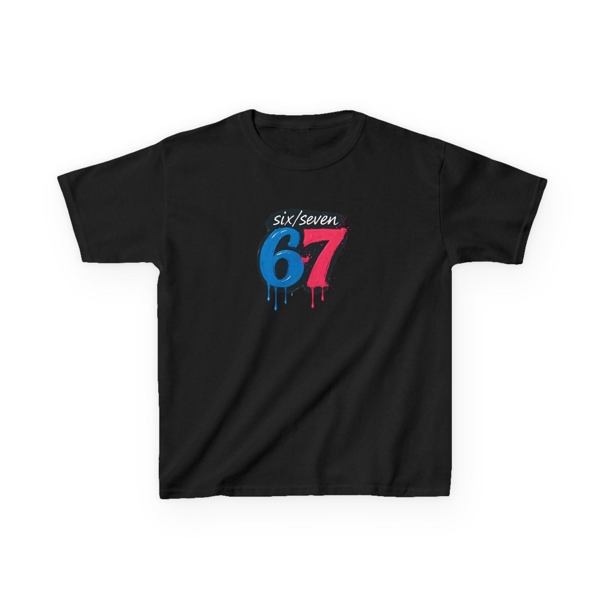 kid's Black t-shirt with 'six/seven 67' logo on a white background