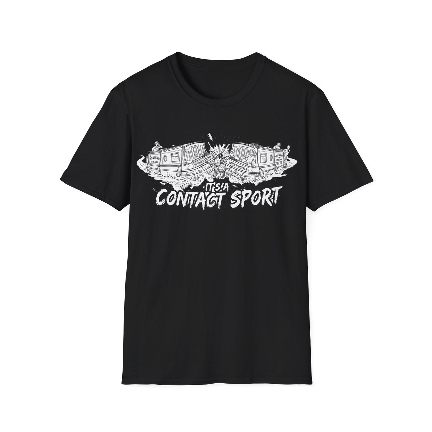 T-Shirt — "It's a Contact Sport"Canal Narrowboat Collision Graphic Tee Printify