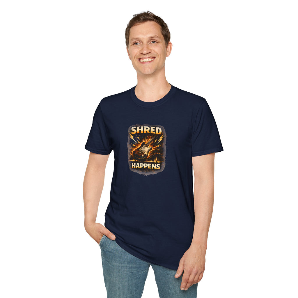 Shred Happens funny guitar player rock music t shirt design