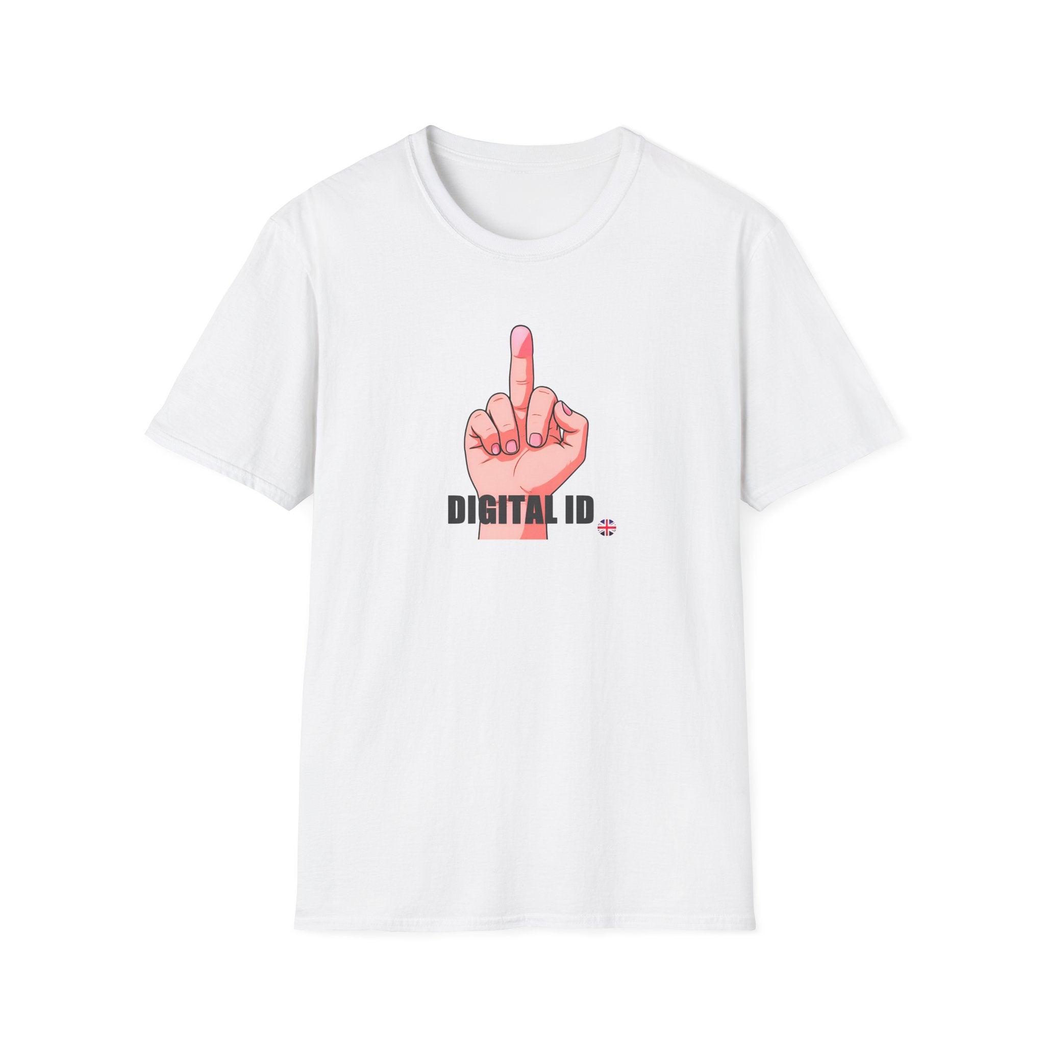 White t-shirt with a graphic of a hand making a middle finger gesture and 'DIGITAL ID' text on a white background