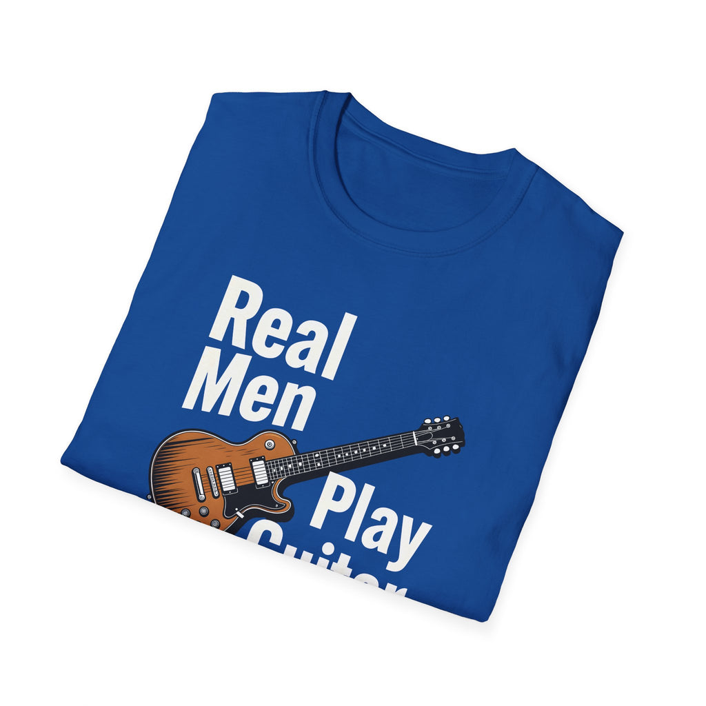 Blue t-shirt with guitar graphic and text 'Real Men Play Guitar' on a white background