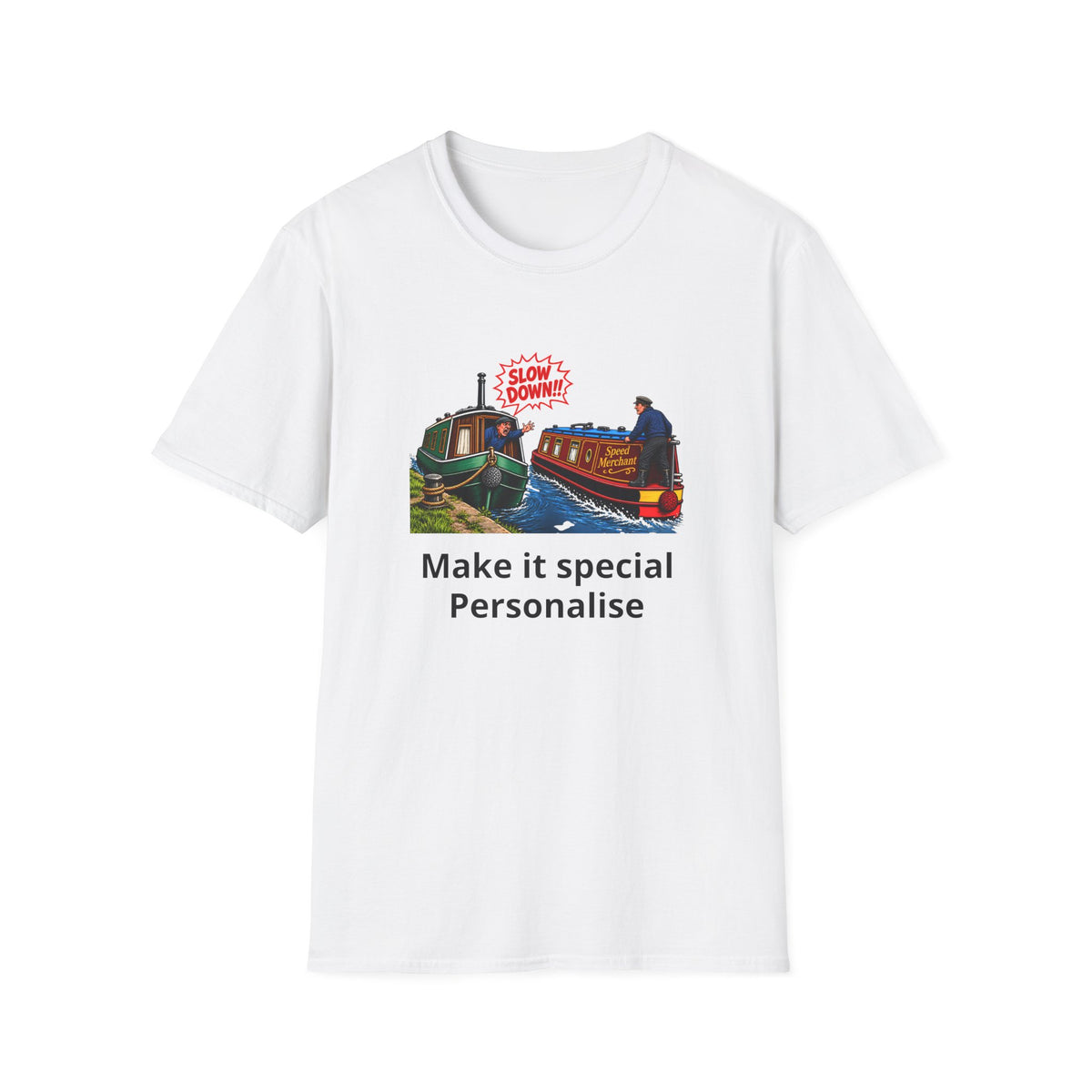 A white short-sleeve crewneck t-shirt with a graphic print of two boats and the text 'Make it special Personalise' underneath, displayed on a clean white background.