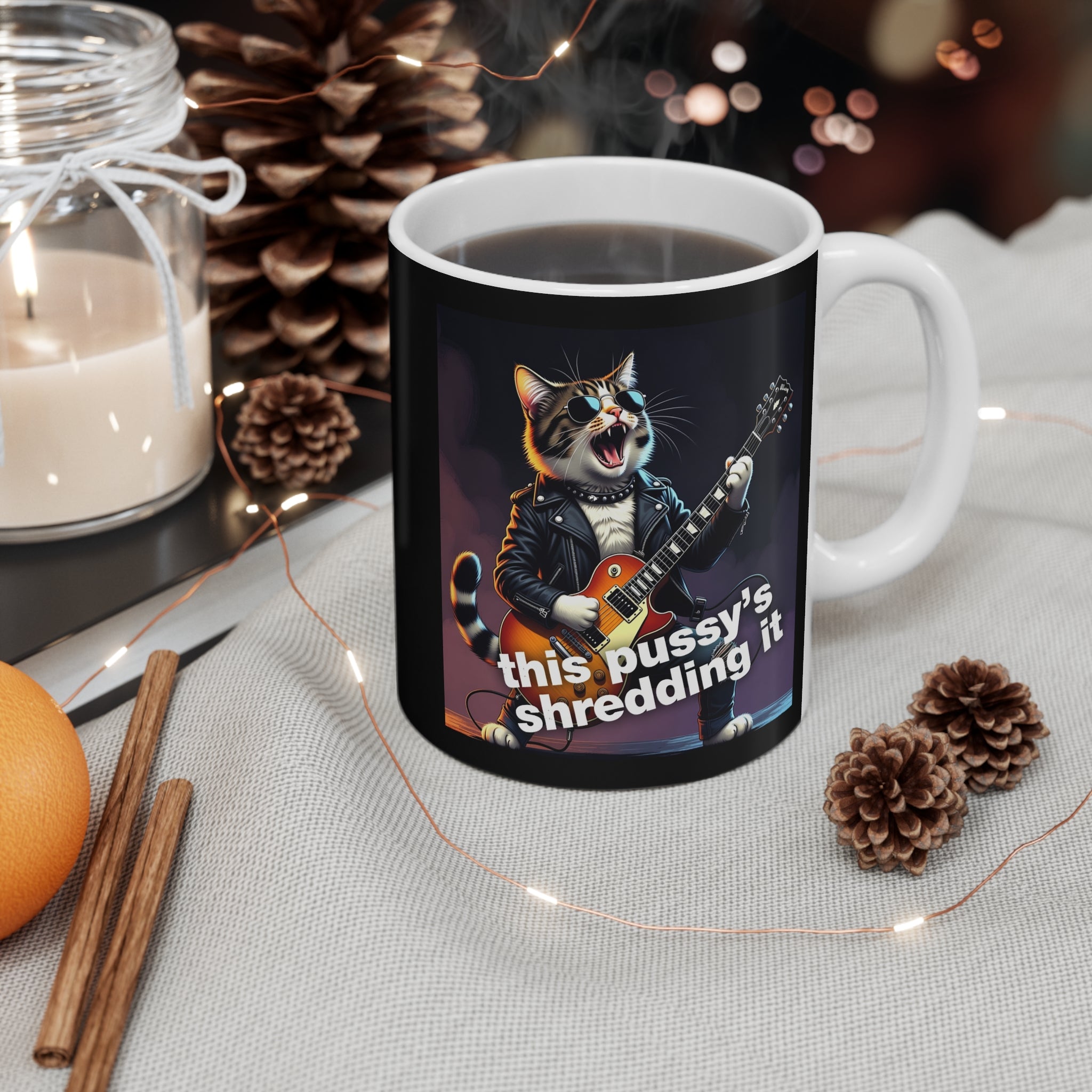 Rock Cat Guitar Mug — "This Pussy's Shredding It" 11oz Coffee Cup 