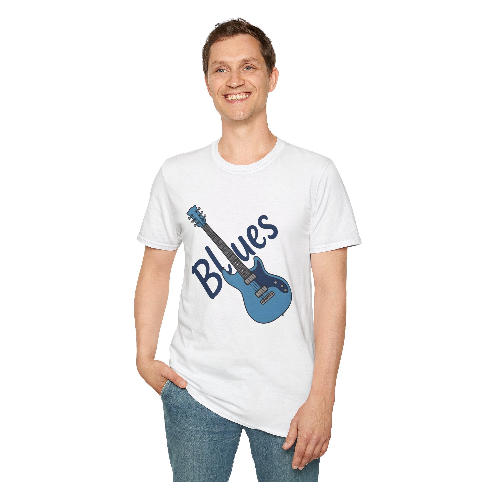 Person wearing a white t-shirt with a blue guitar graphic and 'Blues' text on a white background