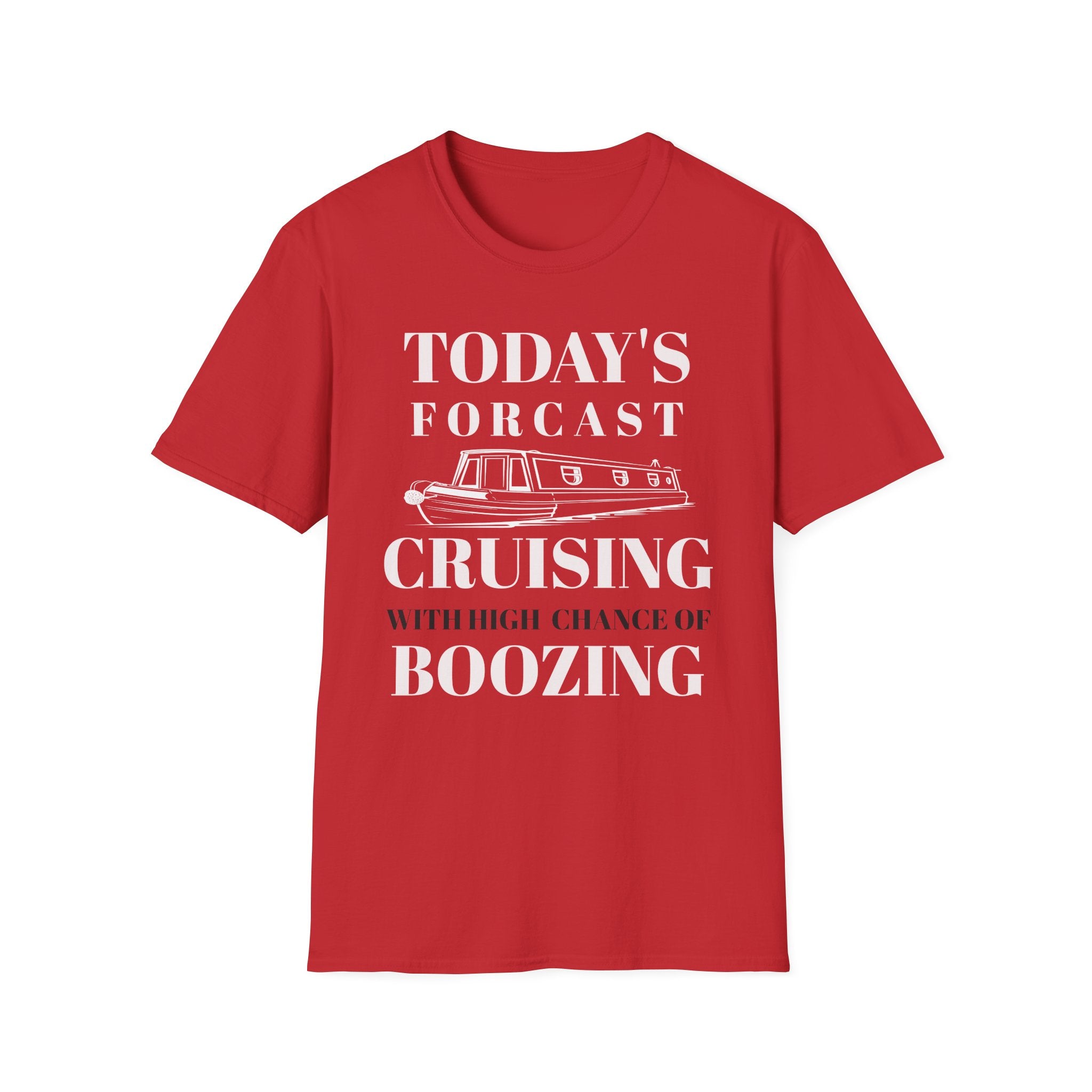 Red t-shirt with white text and graphic Person wearing a black t-shirt with humorous text design Cruising With High Chance of Boozing 