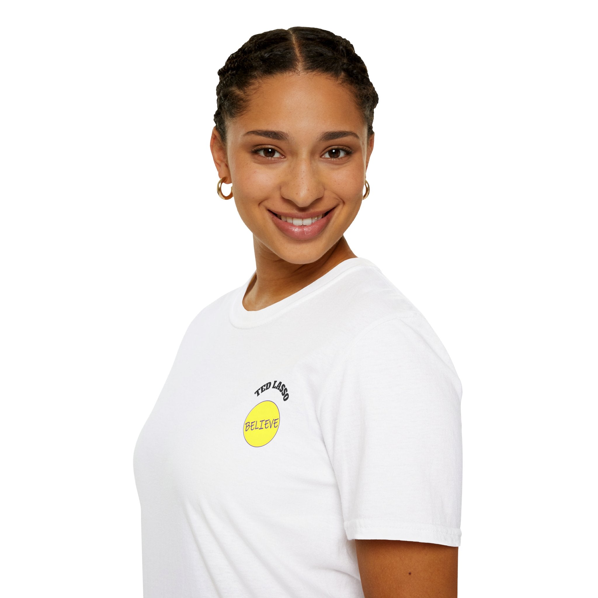 Person wearing a white t-shirt with a yellow logo on a white background