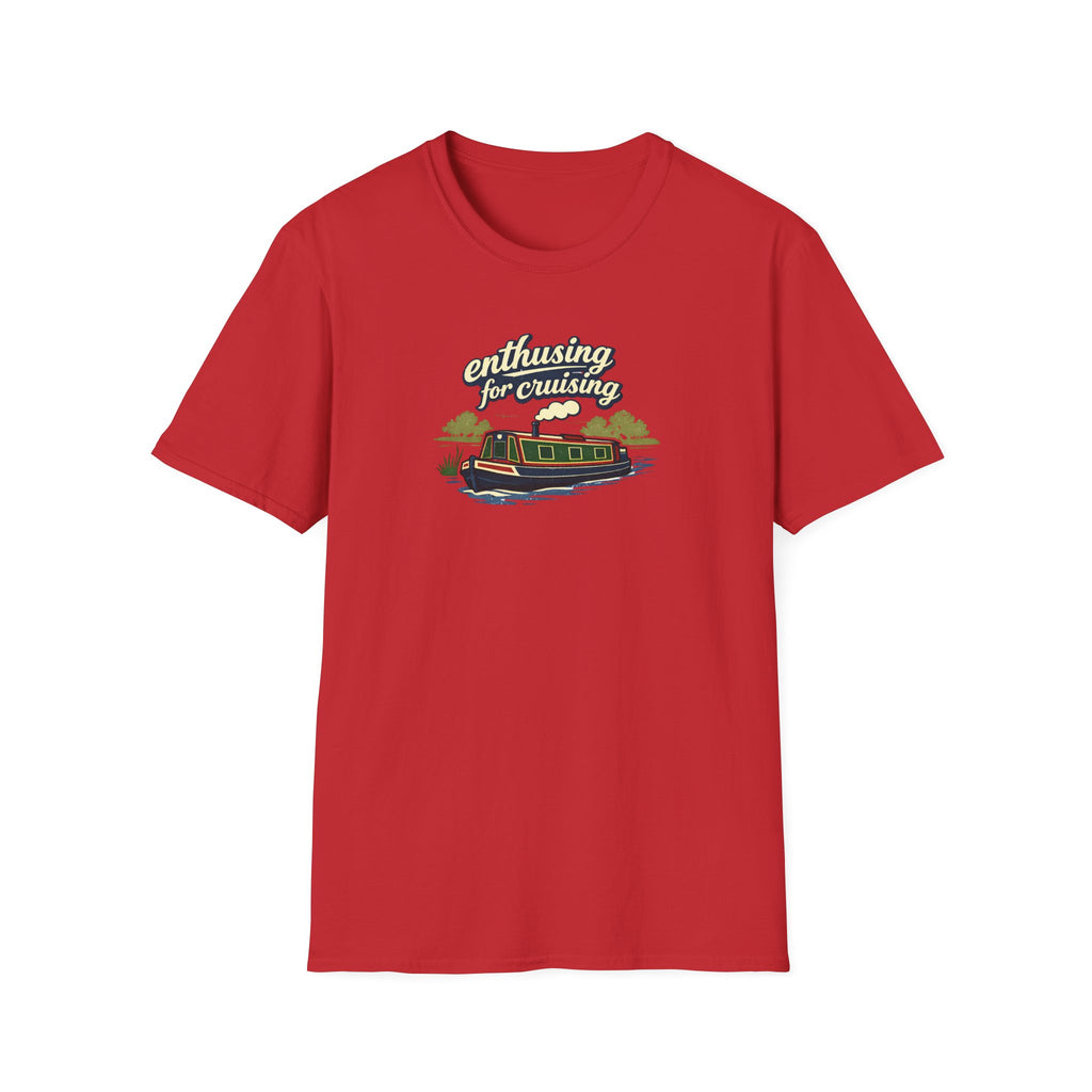 red t-shirt with a graphic design of canal narrow boat text enthusing for cruising
