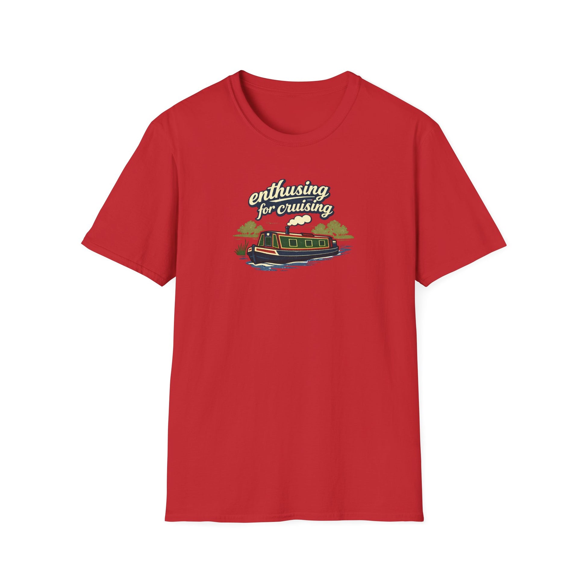 red t-shirt with a graphic design of canal narrow boat text enthusing for cruising