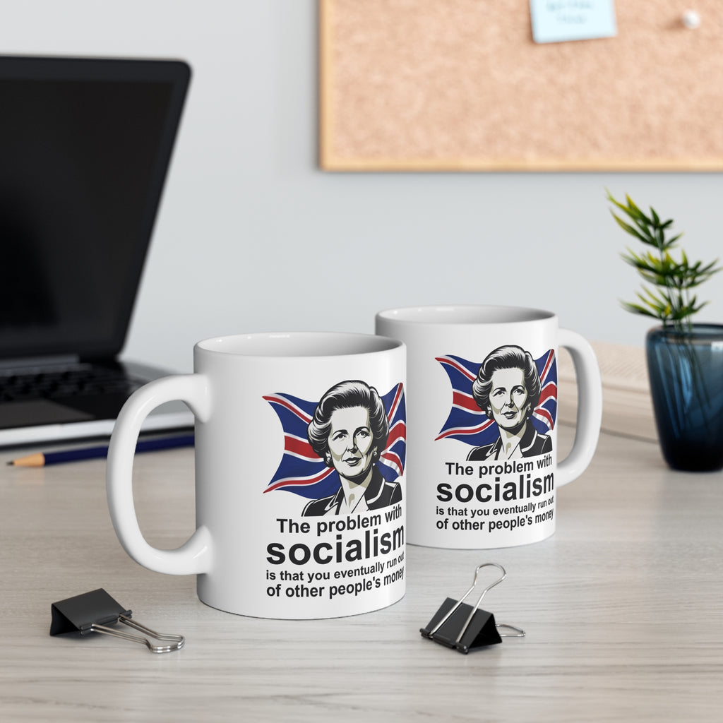Margaret Thatcher coffee mug with famous quote "The problem with socialism is that you eventually run out of other people's money" on Union Jack background – Conservative gift from Fat Boris Store