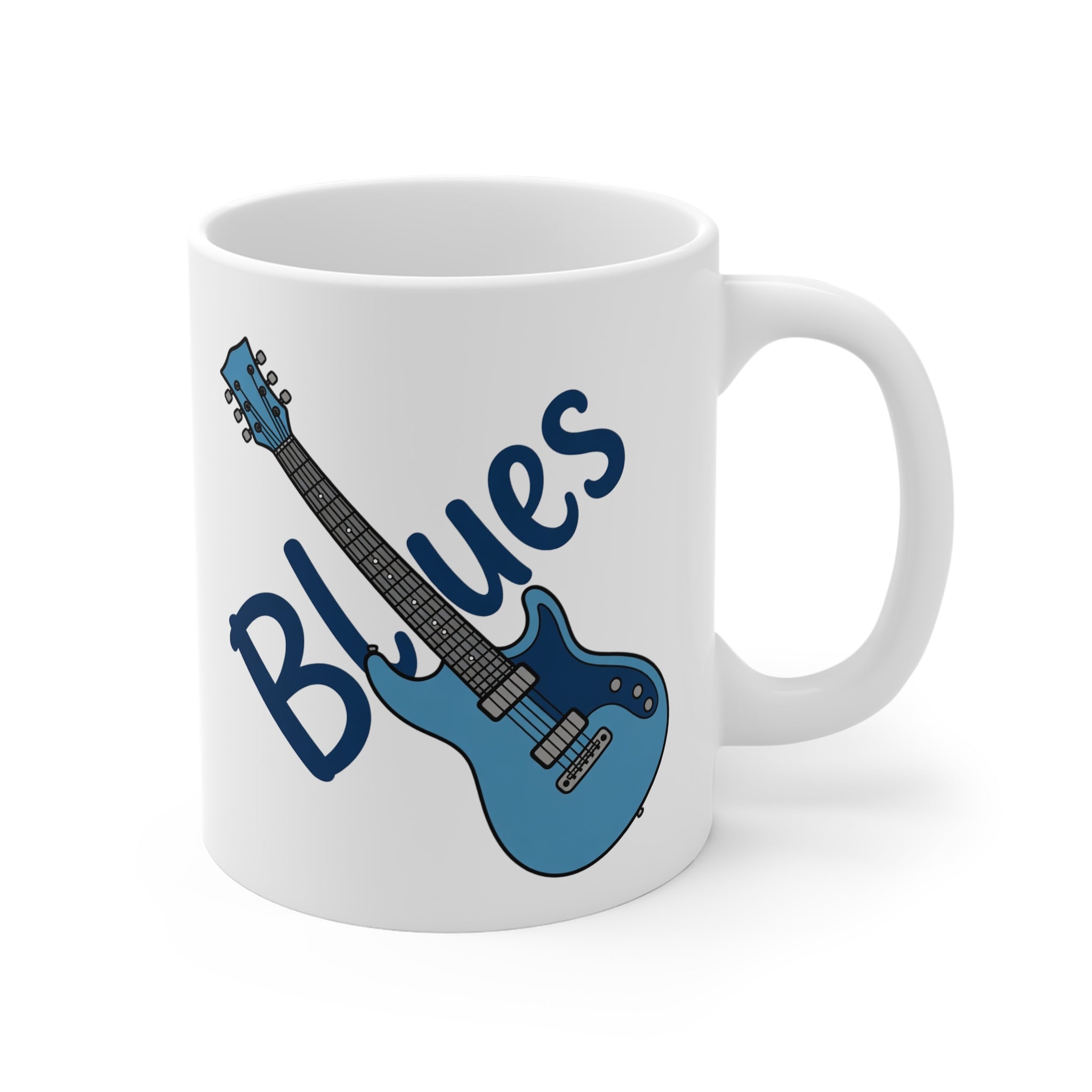 White mug with a blue electric guitar design and 'Blues' text on a white background
