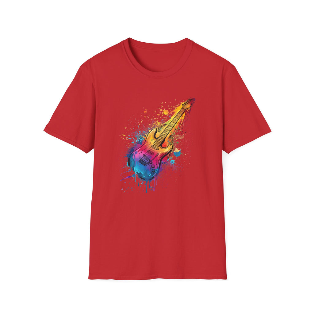 Red t-shirt with a colorful guitar graphic on a white background