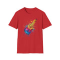 Red t-shirt with a colorful guitar graphic on a white background