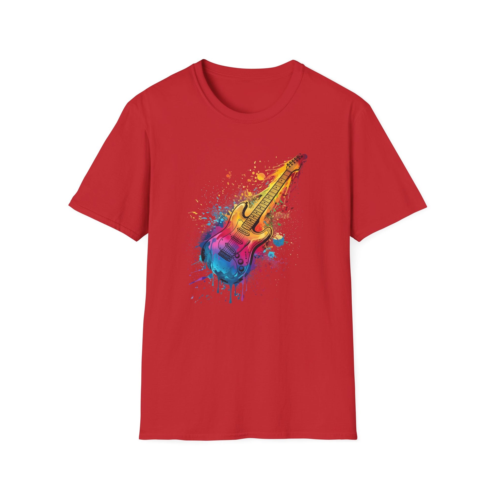 Red t-shirt with a colorful guitar graphic on a white background