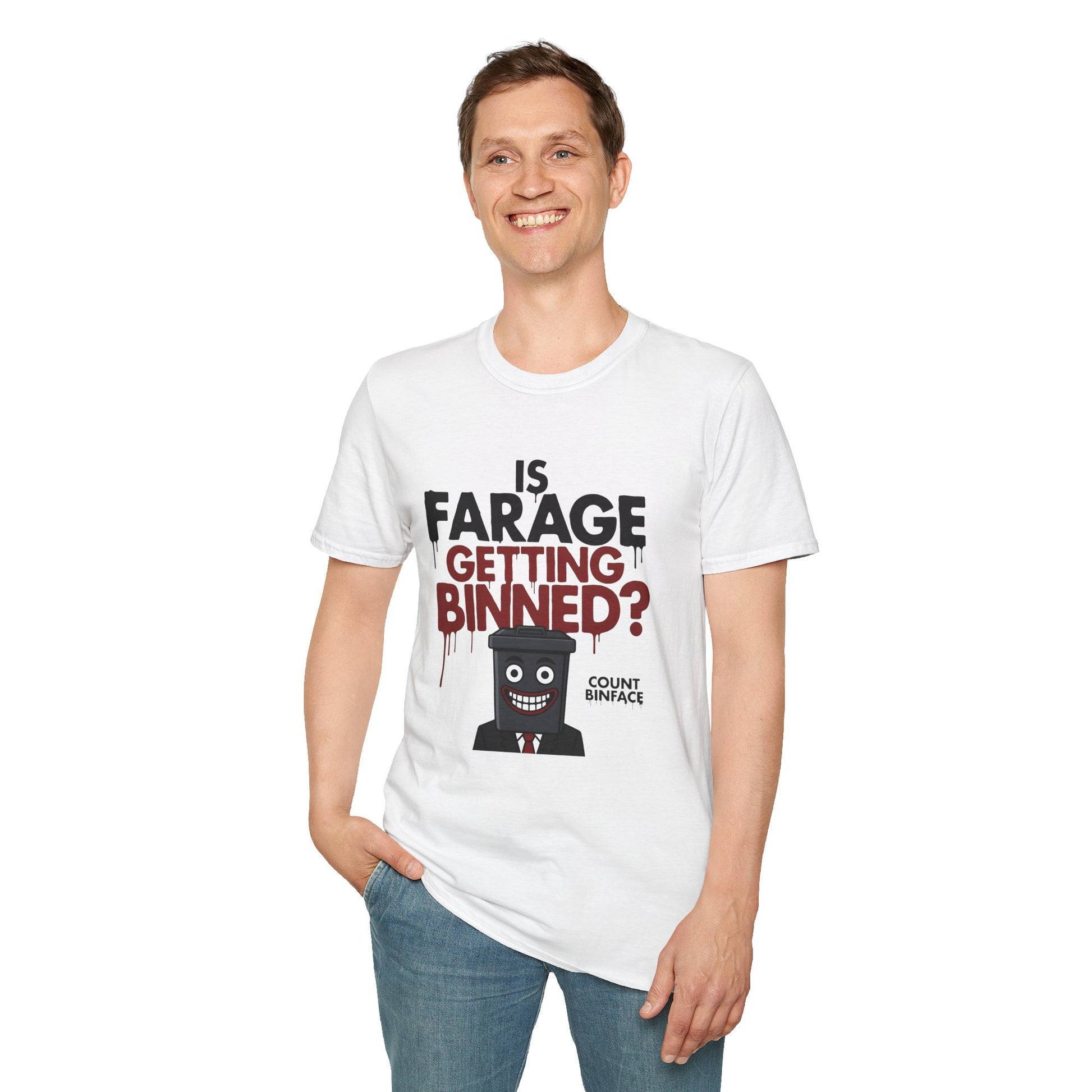 Is Farage Getting Binned? Political Satire T-Shirt | Nigel Farage Count Binface Meme Printify