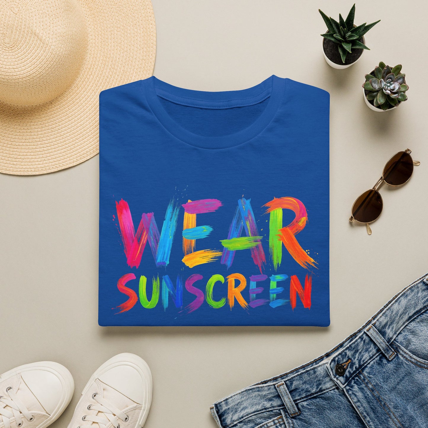 Wear Sunscreen T-Shirt — Colorful Brushstroke Sun Safety Tee Printify