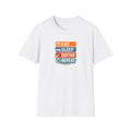 White t-shirt with colorful graphic and text 'Eat Sleep Guitar Repeat' on a white background