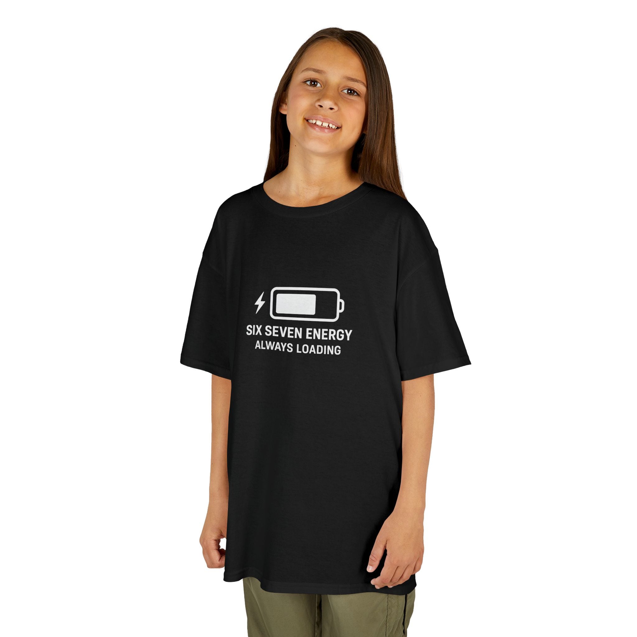 Child wearing a black t-shirt with a battery graphic and six seven  text on a white background