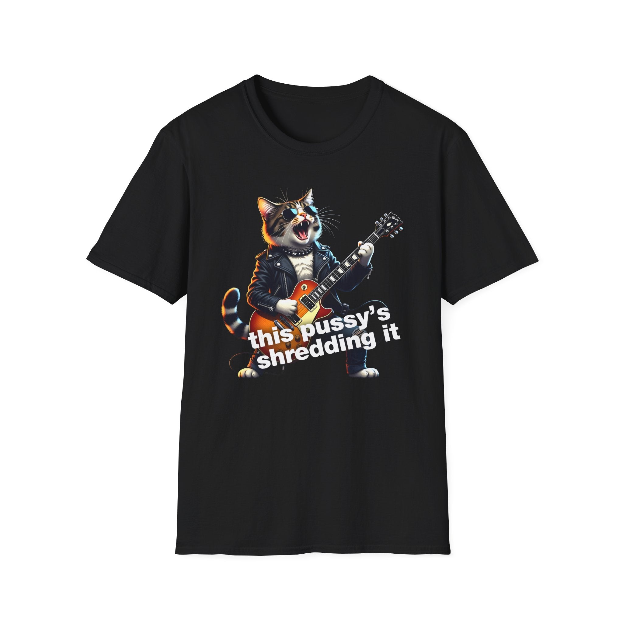 T-Shirt — Rockin' Cat Guitar Graphic "This Pussy's Shredding It" Printify