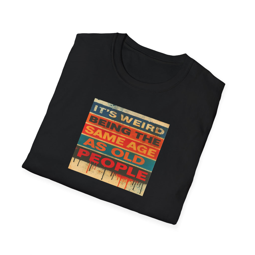 Black t-shirt with colorful graphic and text on a white background