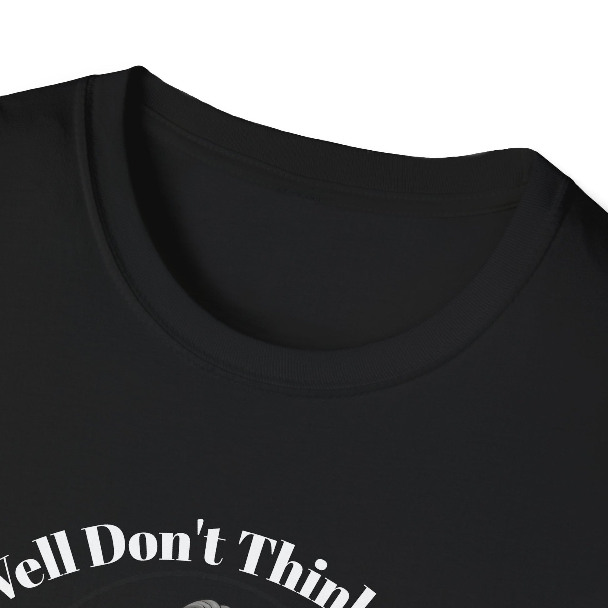 Collar close up black  t-shirt Jackson lamb caricature with graphic design and text on a white background