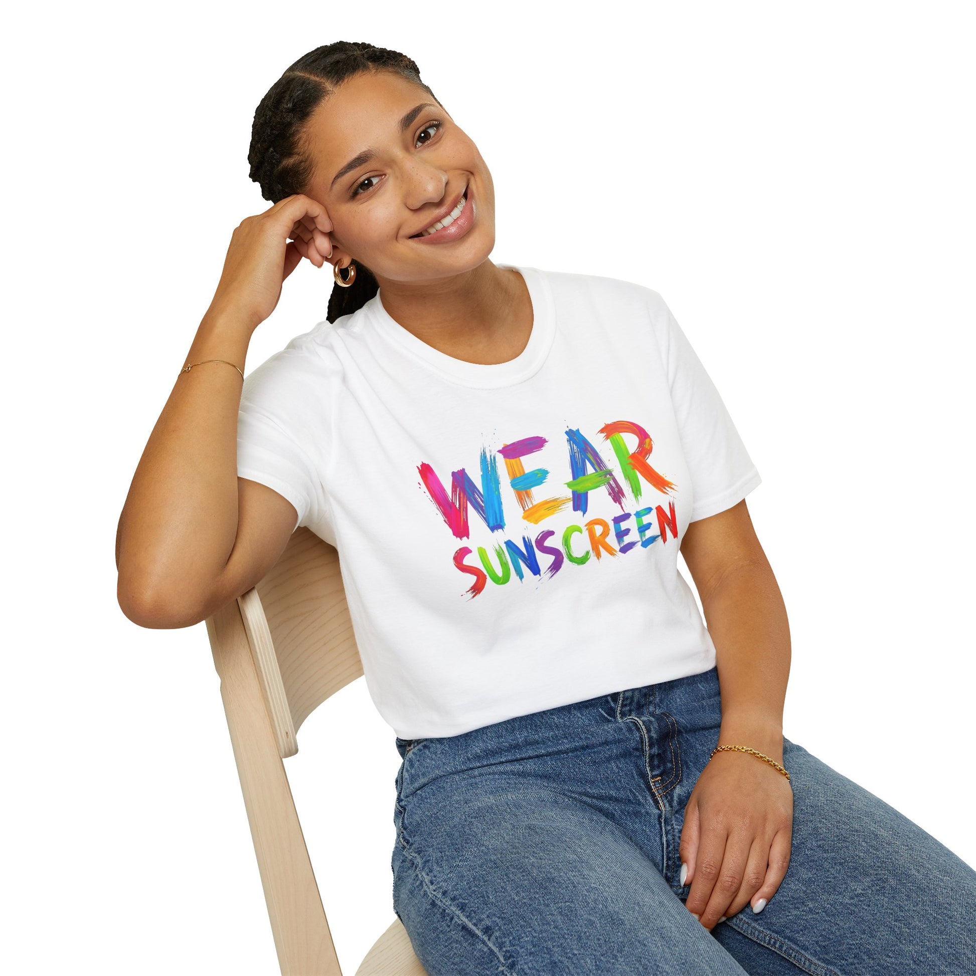 Wear Sunscreen T-Shirt — Colorful Brushstroke Sun Safety Tee Printify
