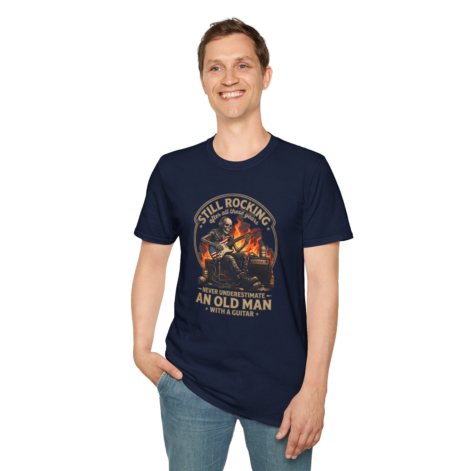 A person wearing the "Still Rocking Old Man With A Guitar" t-shirt in a music setting.