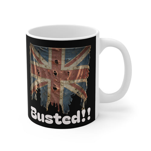 Mug with a distressed British flag design and 'Busted!!' text on a black background