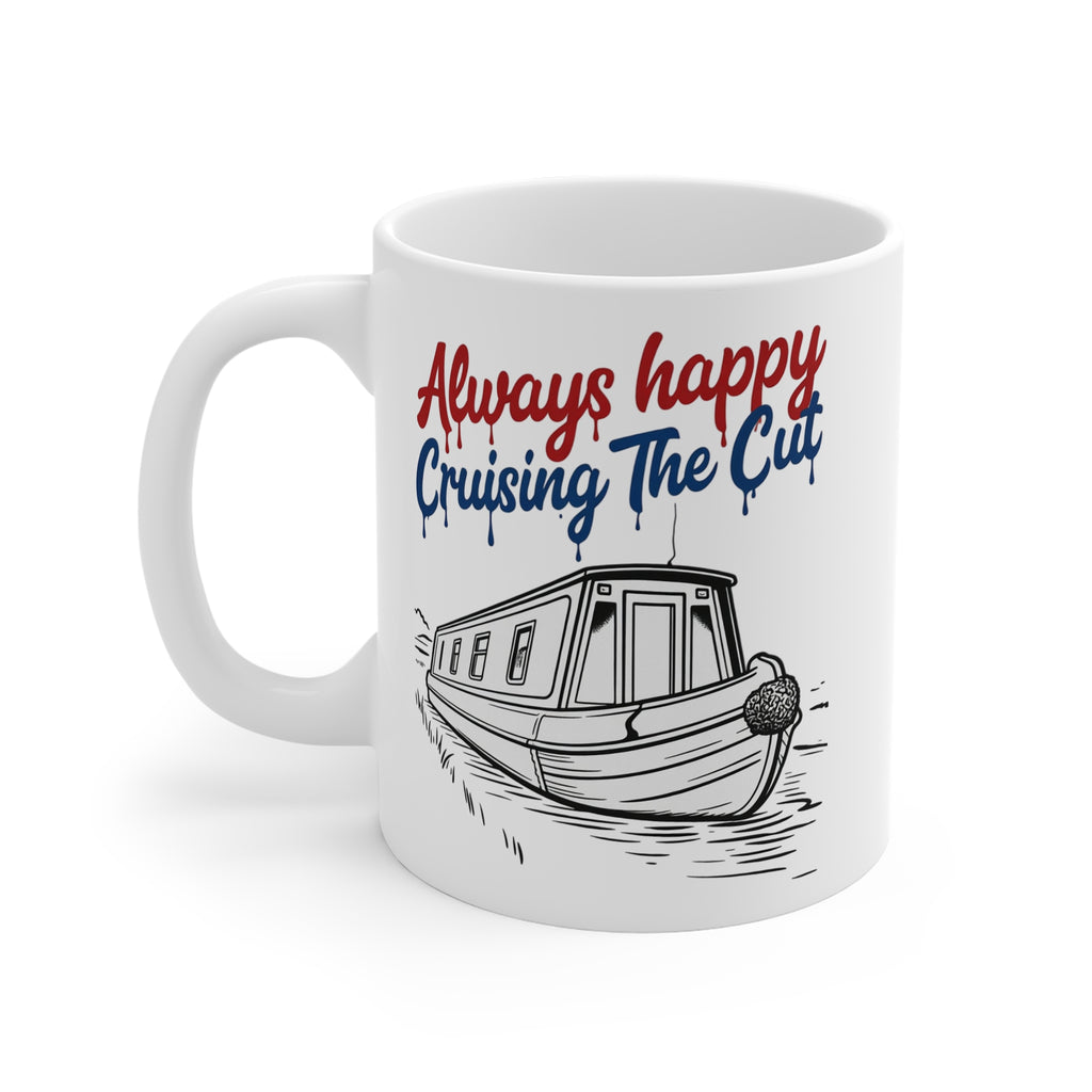 White mug with a boat illustration and text 'Always happy Cruising The Cut' on a white background