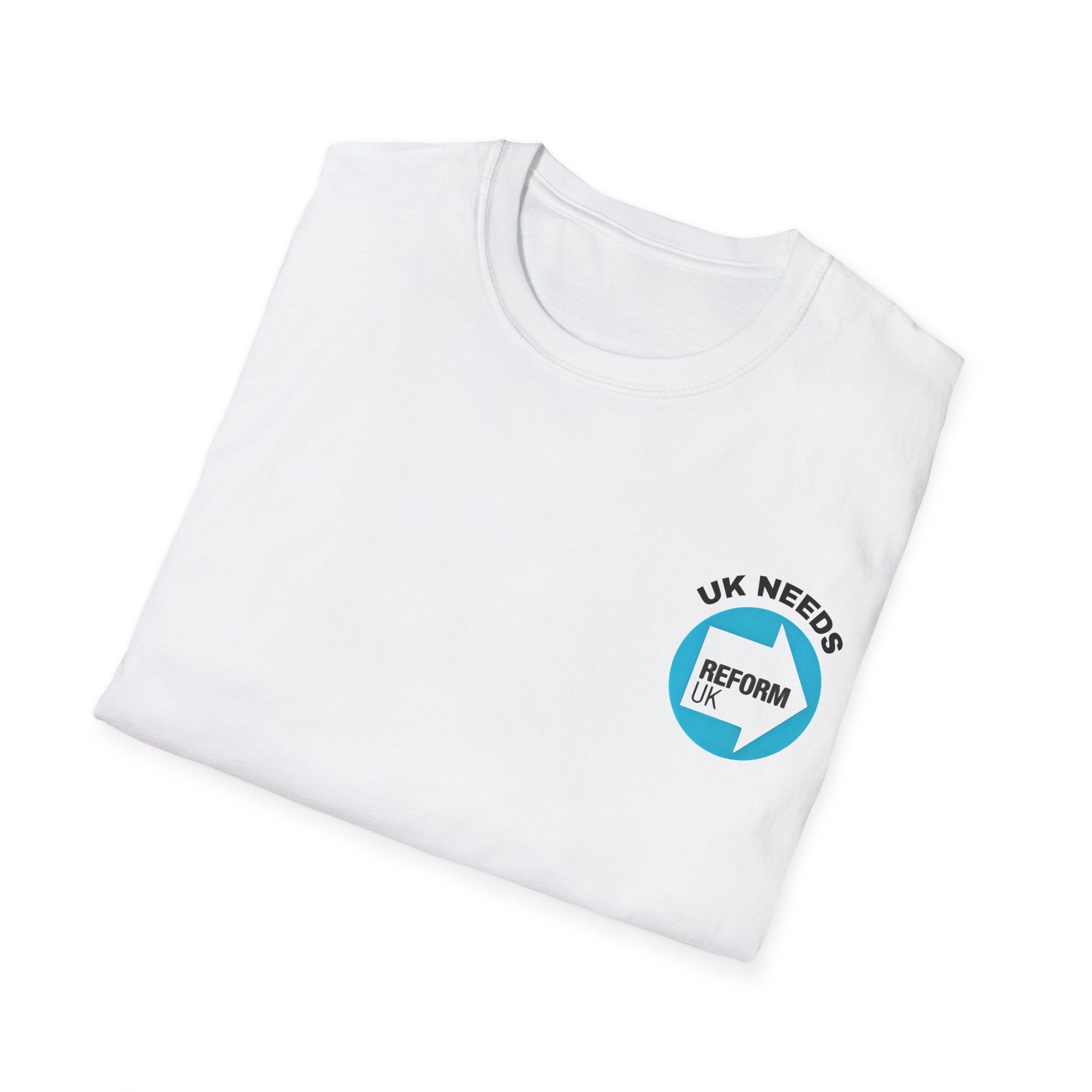 White t-shirt with 'UK Needs Reform UK' text and logo on a white background