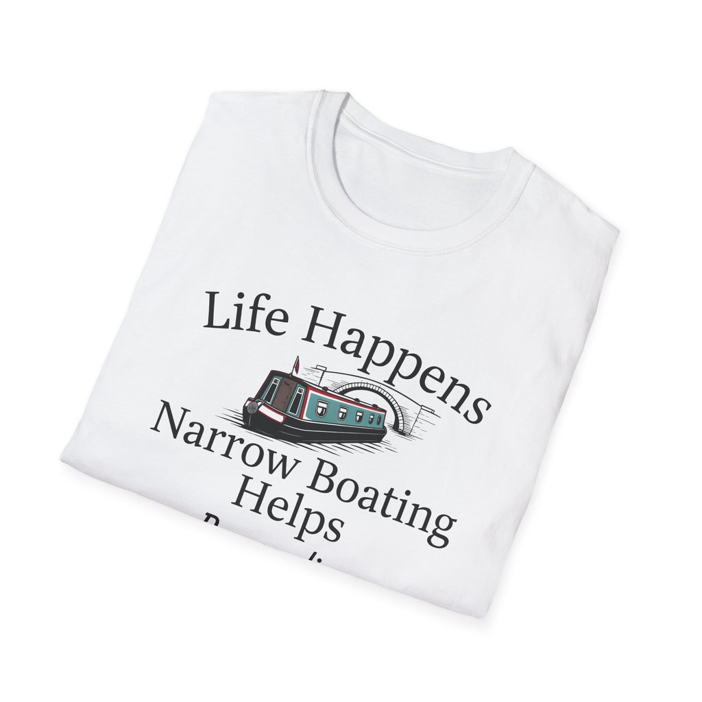 Life Happens Narrow Boating Helps T-Shirt | Personalised Option Narrowboat Canal Boat Gift Printify