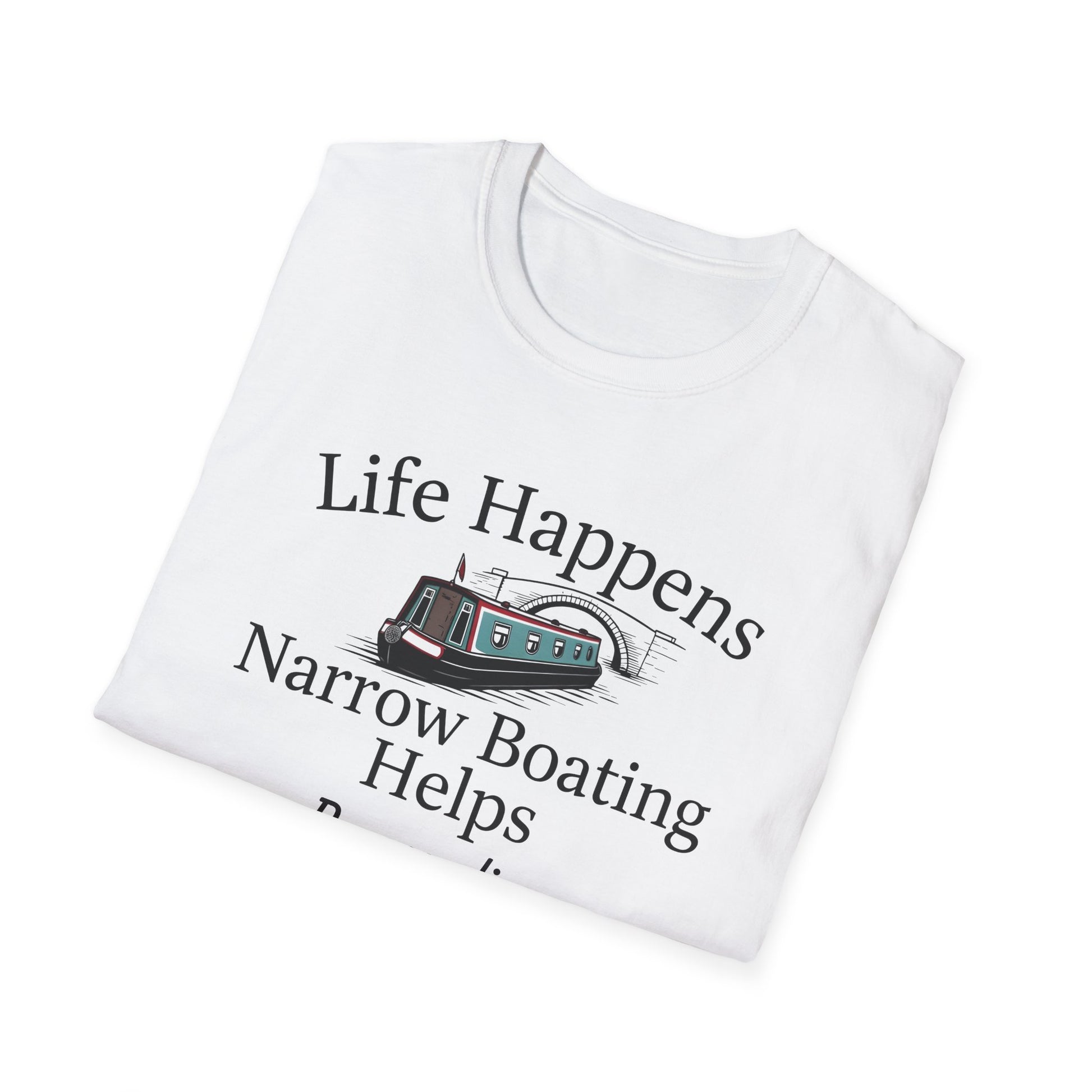 Life Happens Narrow Boating Helps T-Shirt | Personalised Option Narrowboat Canal Boat Gift Printify