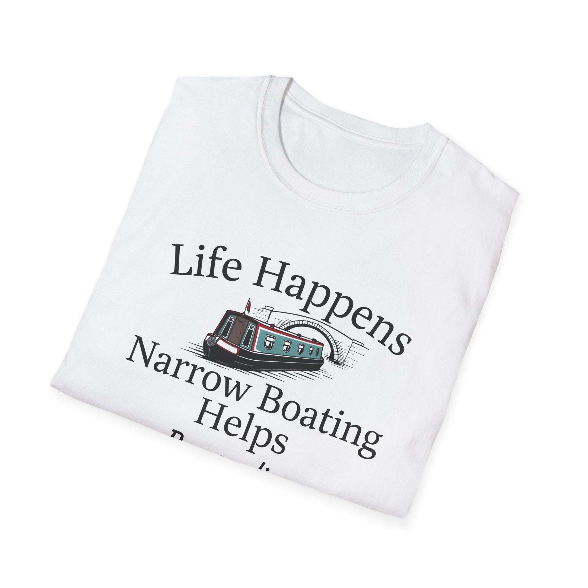 Life Happens Narrow Boating Helps T-Shirt | Personalised Option Narrowboat Canal Boat Gift Printify