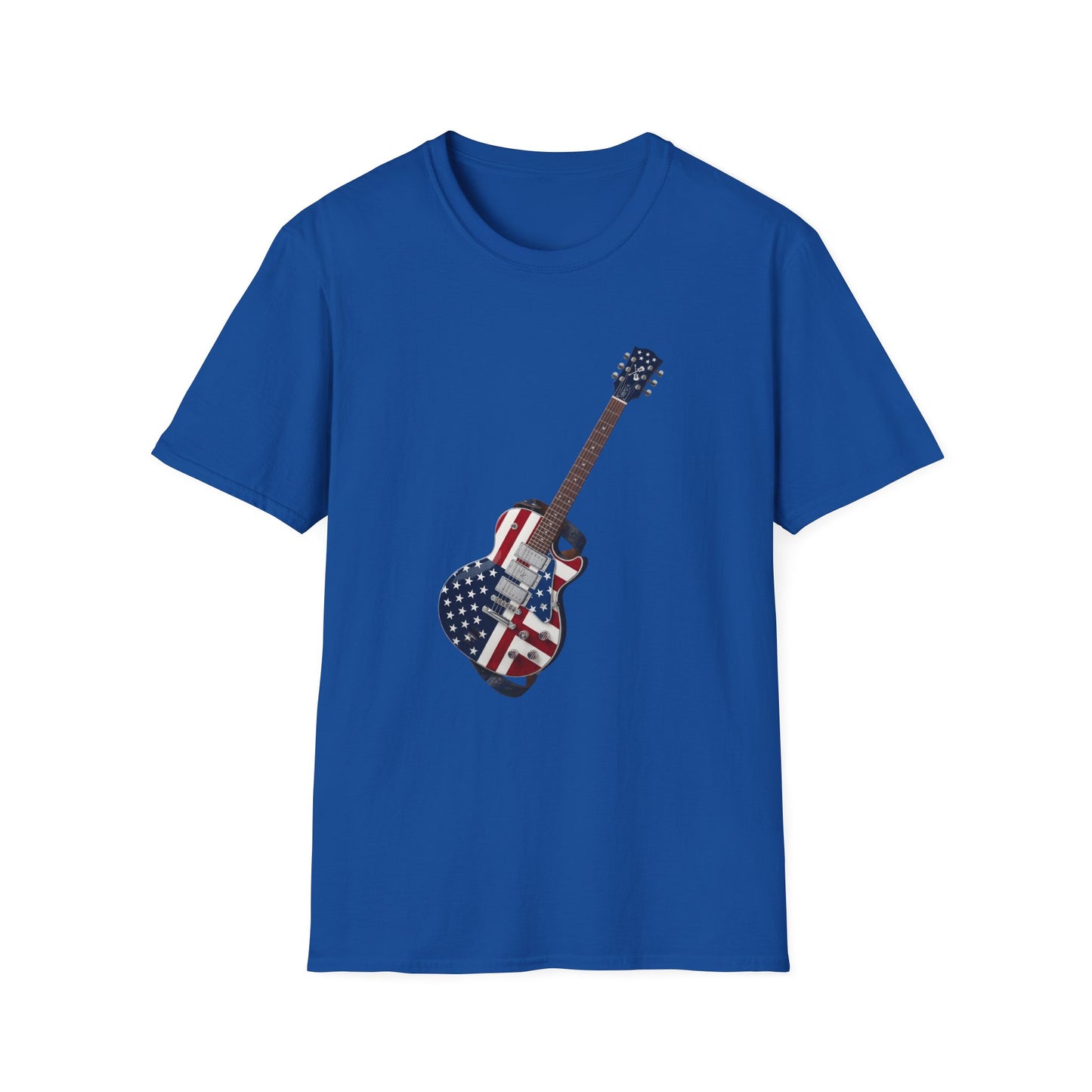 Blue t-shirt with a graphic of an American flag guitar on a white background