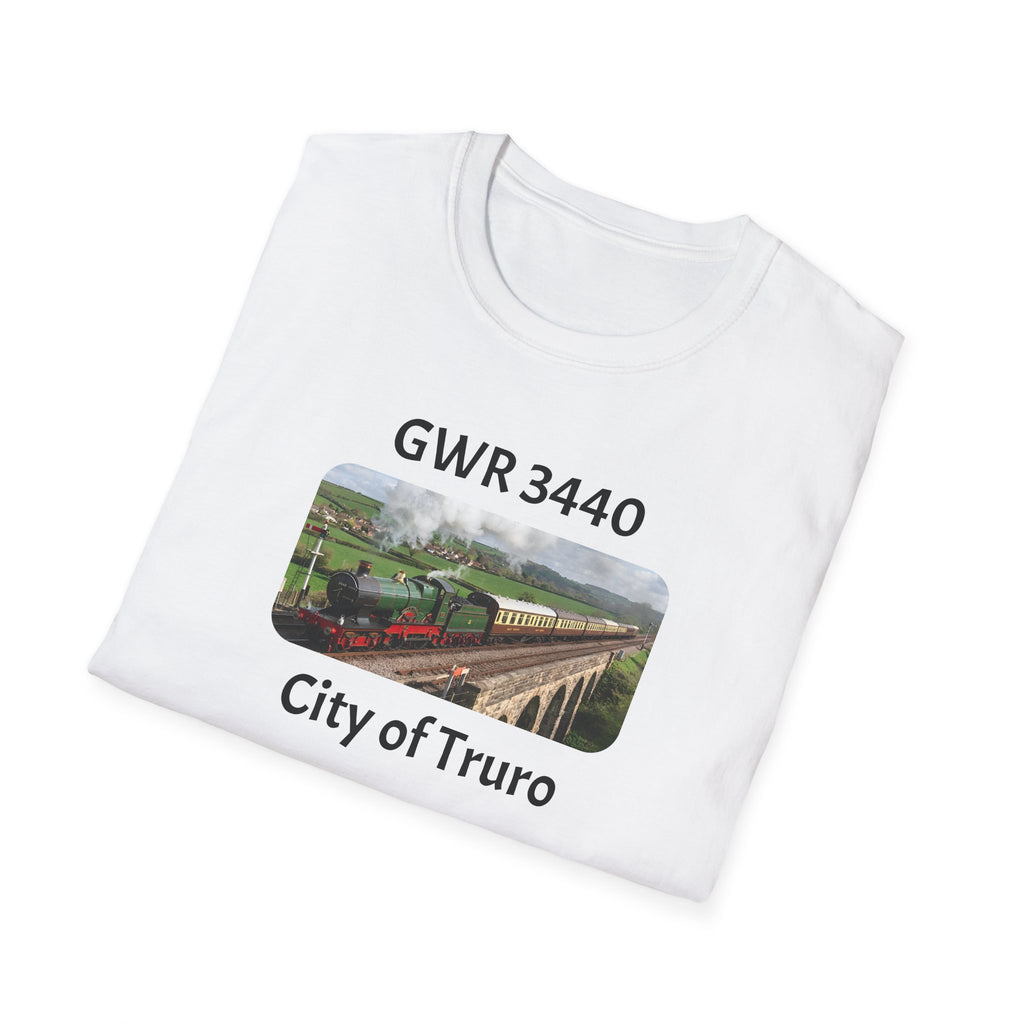 White t-shirt with a graphic of a steam train and text 'GWR 3440 City of Truro' on a white background