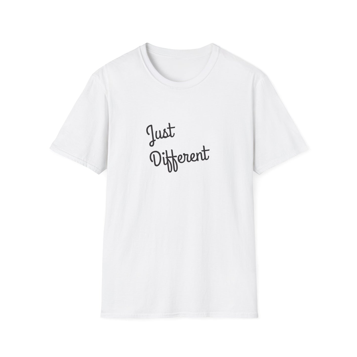 White t-shirt with 'Just Different' text on a white background