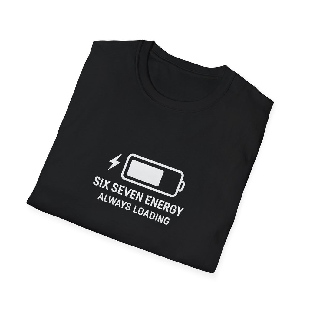 folded Black t-shirt with white graphic and text on a white background