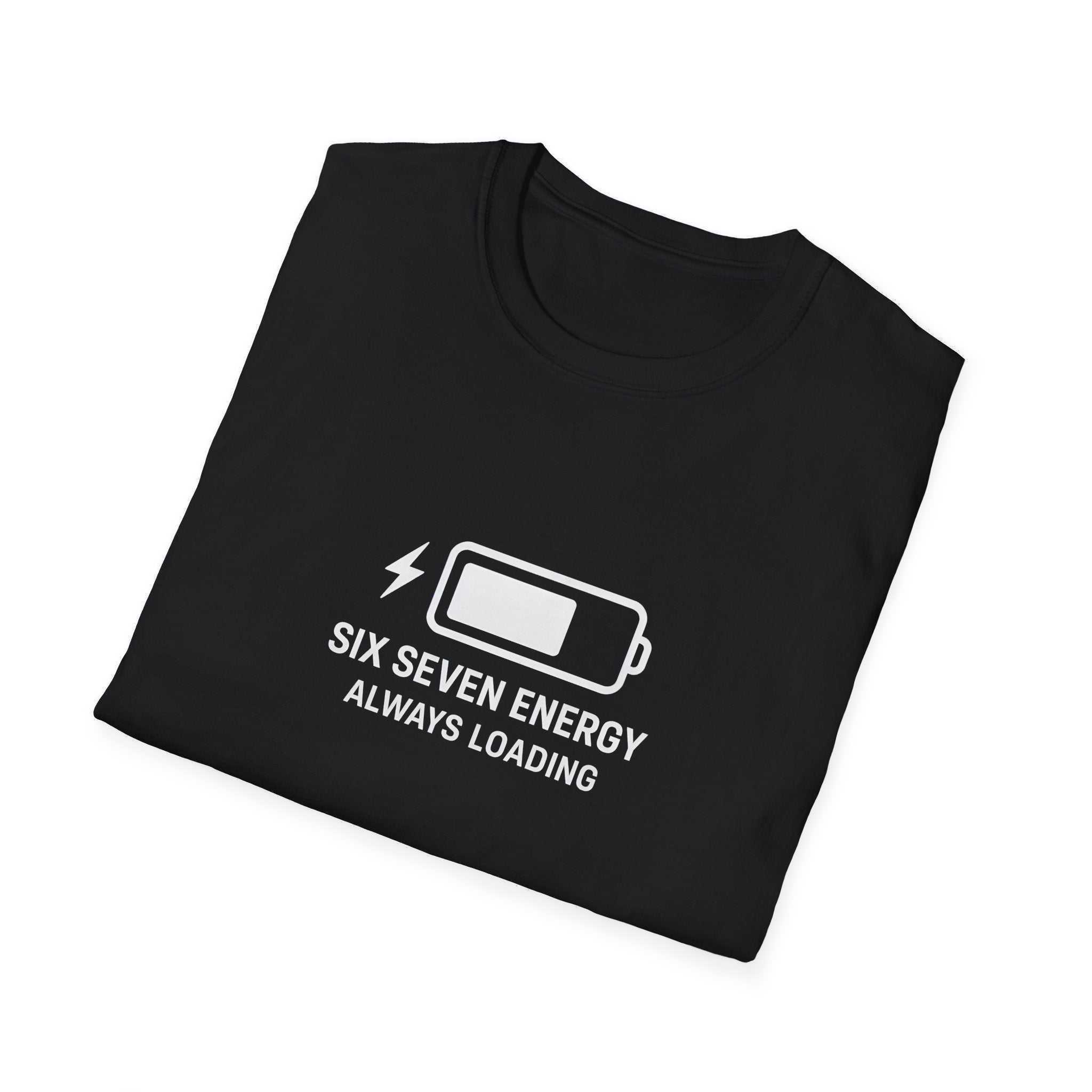 folded Black t-shirt with white graphic and text on a white background
