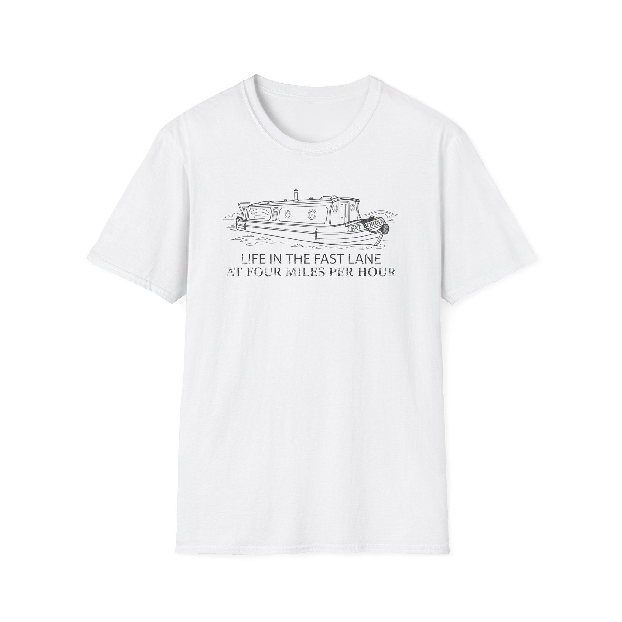 Fat Boris Canal Boat T-Shirt — "Life in the Fast Lane at Four Miles Per Hour" Vintage Narrowboat Tee