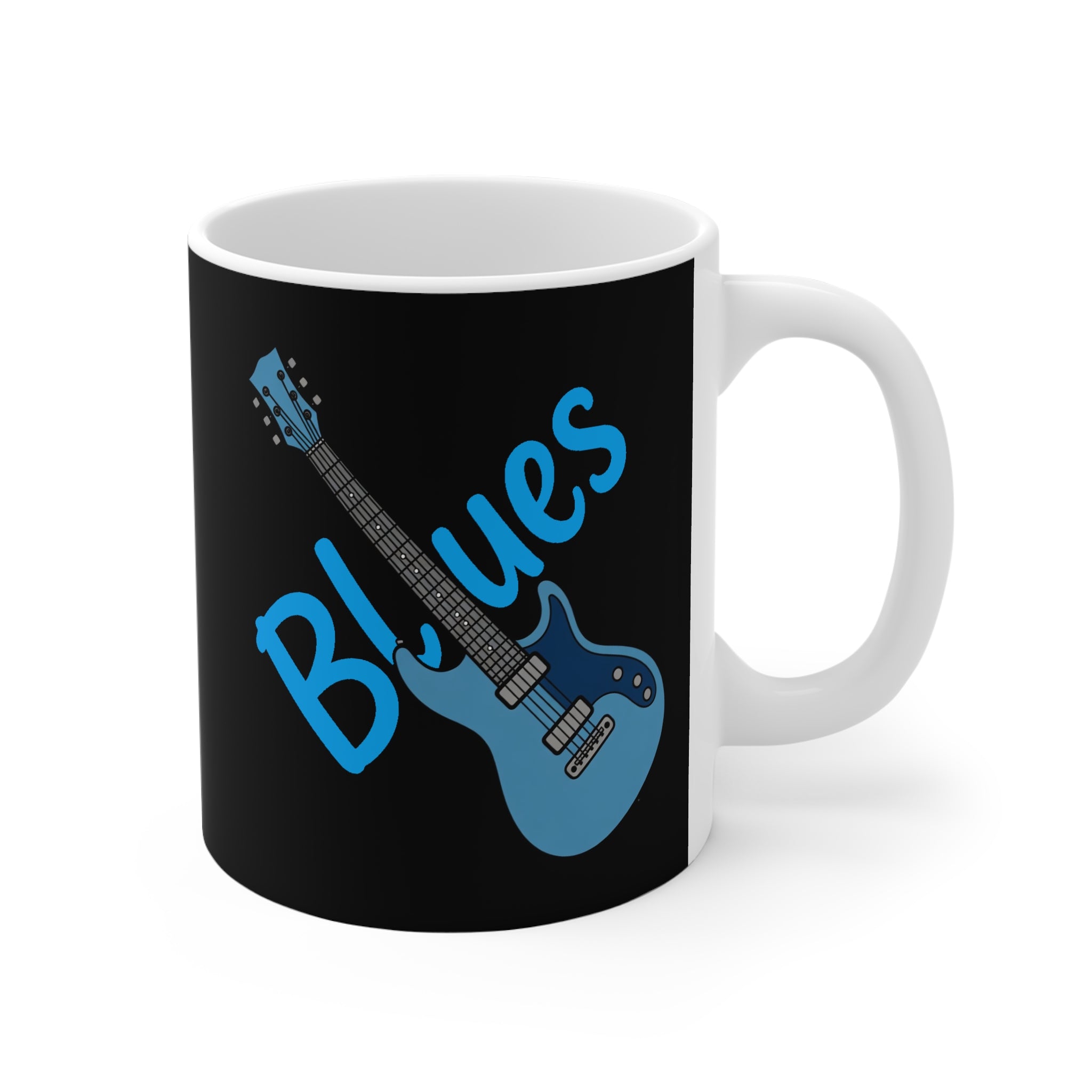 Mug with blue guitar design and 'Blues' text on a black background