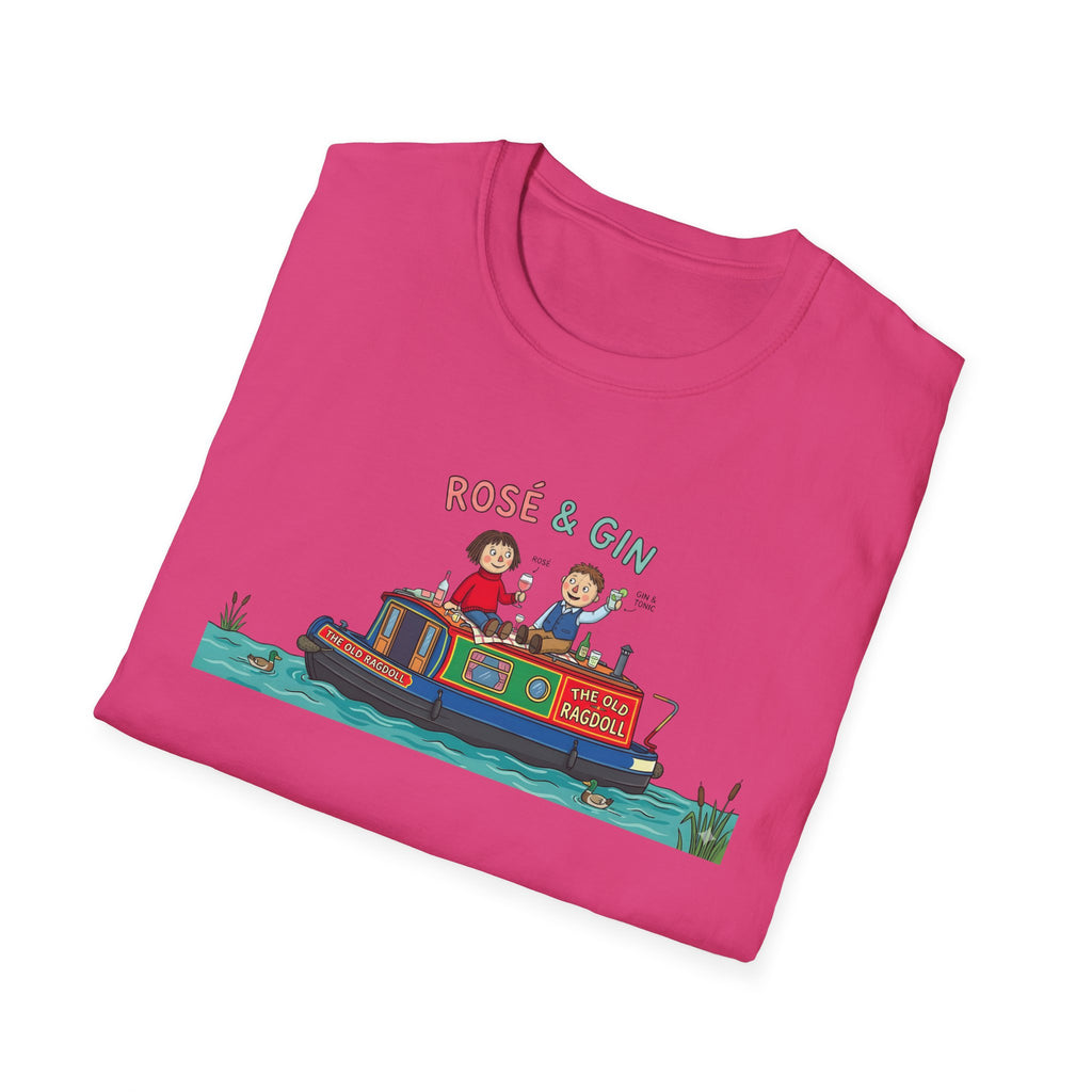 Folded pink t-shirt with a cartoon illustration of two people on a boat and text 'Rosé & Gin' on a white background.