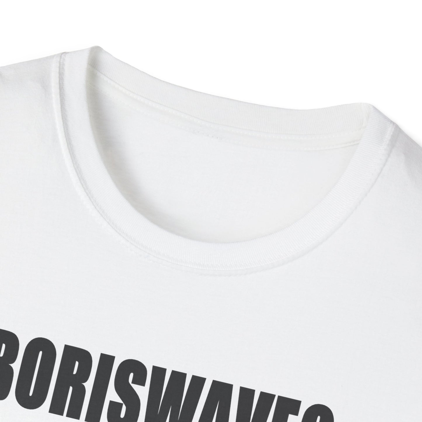 COLLAR VIEW White t-shirt with 'BORISWAVES' text on a white background