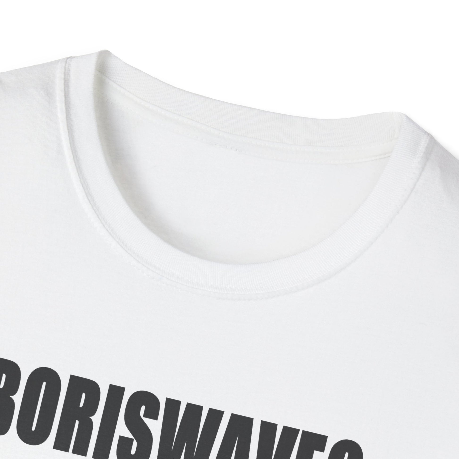 COLLAR VIEW White t-shirt with 'BORISWAVES' text on a white background