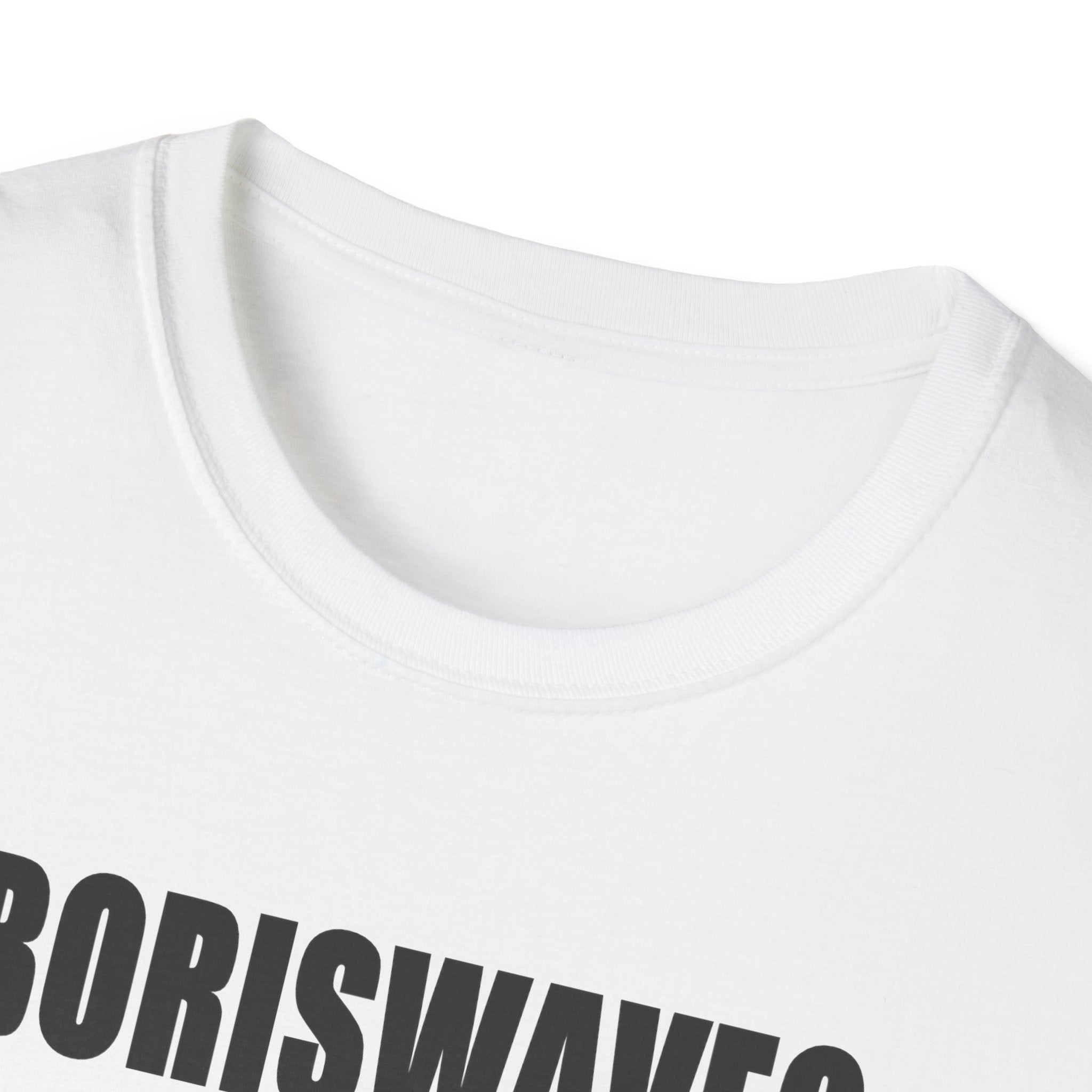 COLLAR VIEW White t-shirt with 'BORISWAVES' text on a white background
