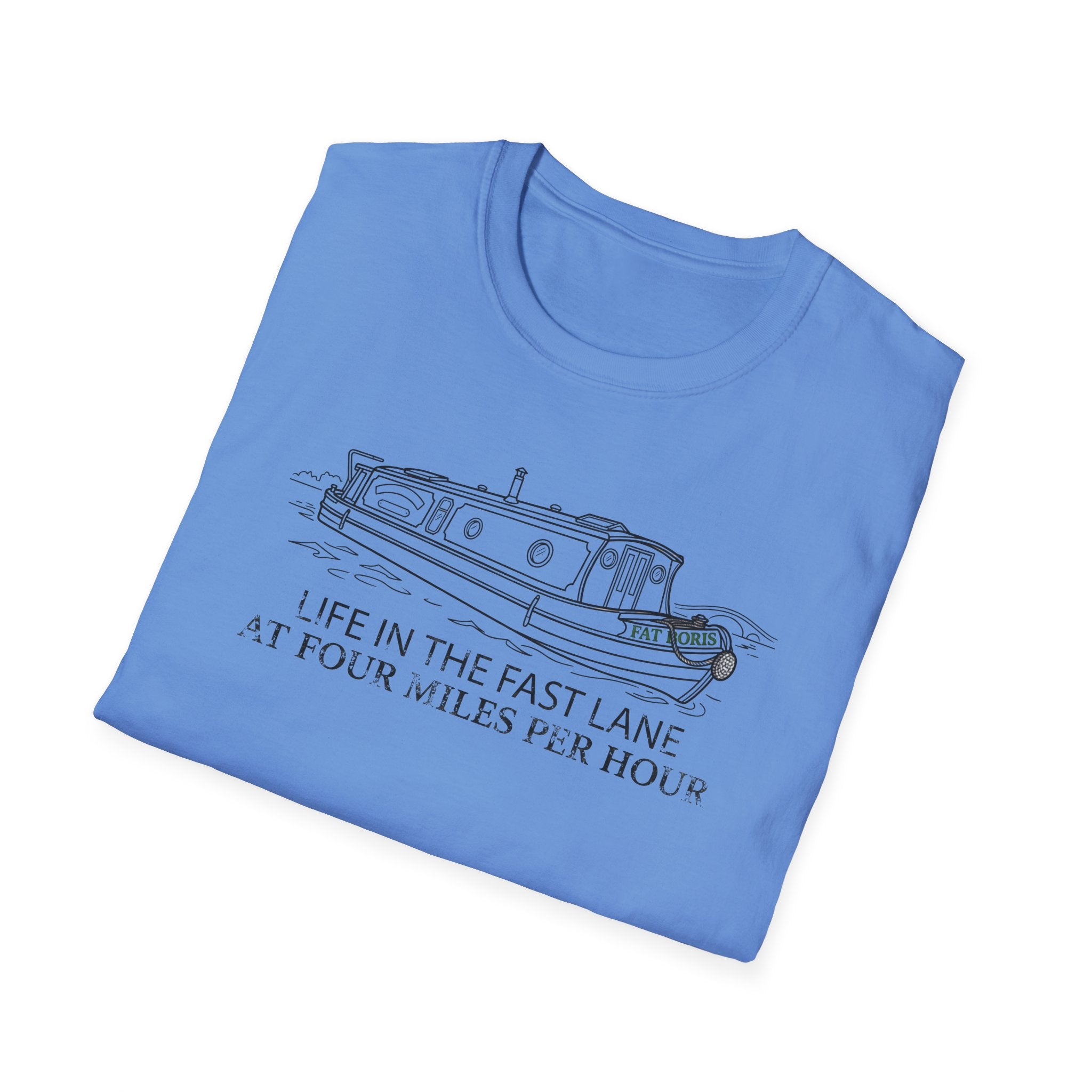 Fat Boris Canal Boat T-Shirt — "Life in the Fast Lane at Four Miles Per Hour" Vintage Narrowboat Tee
