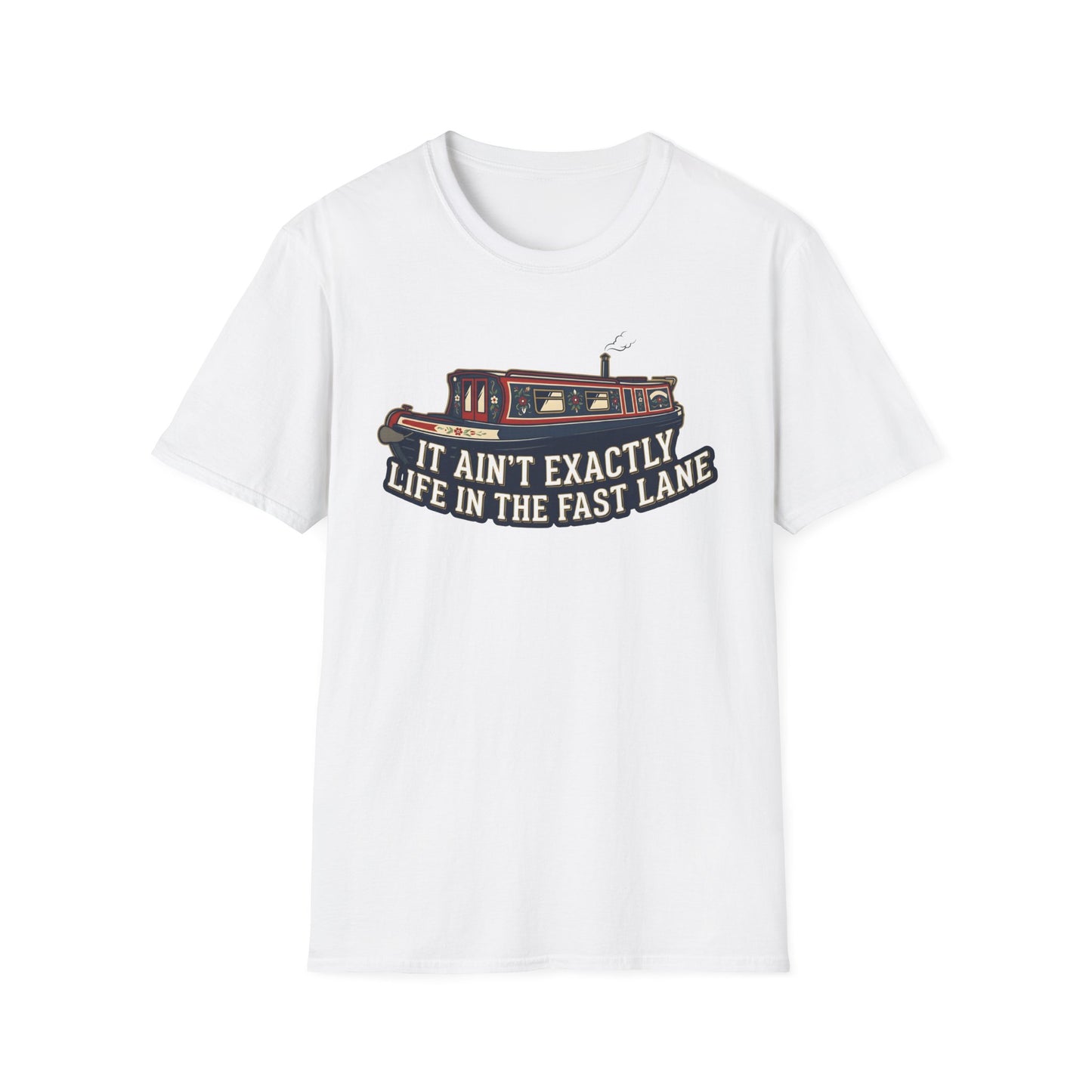 White t-shirt with a graphic design and text on a white background