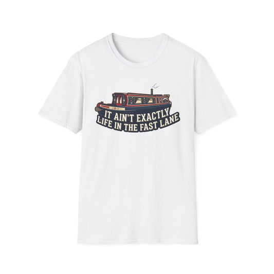White t-shirt with a graphic design and text on a white background