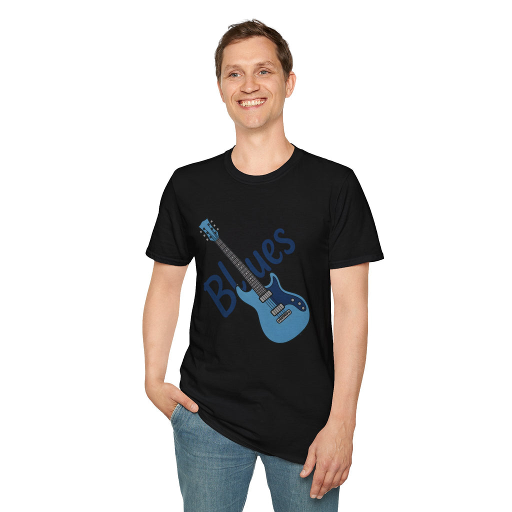 Person wearing a black t-shirt with a blue guitar graphic and 'Blues' text on a white background