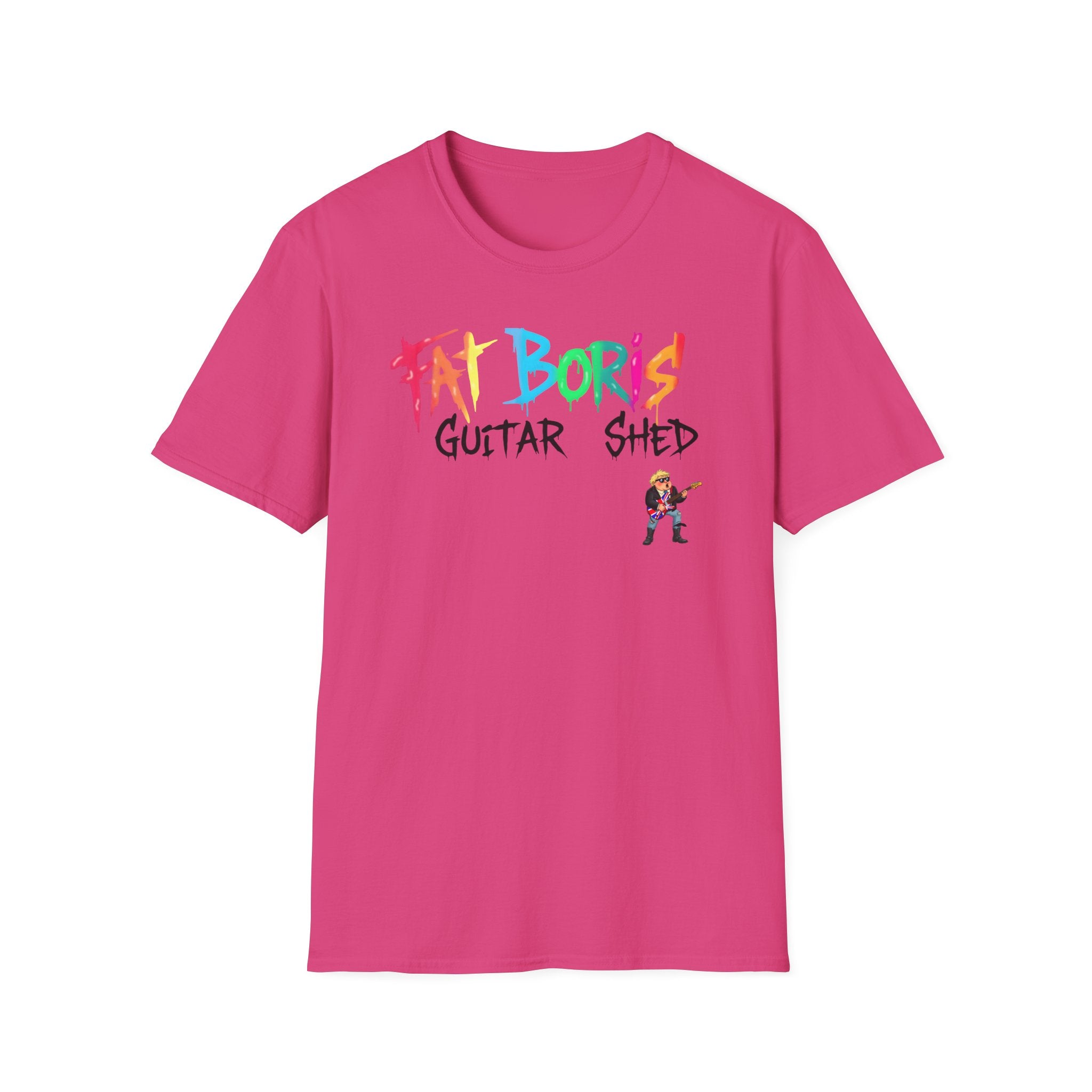 Pink t-shirt with colorful text and graphic on a white background