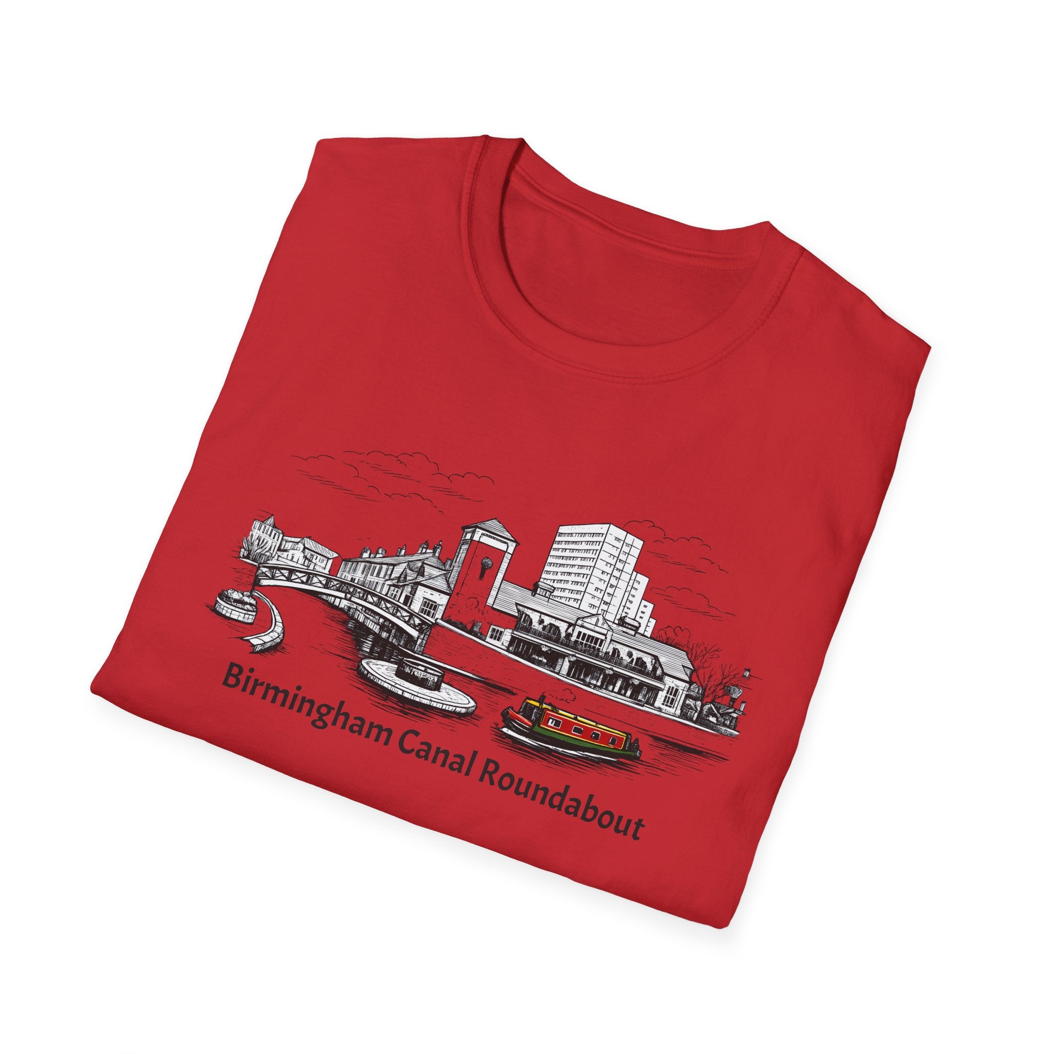 Folded red t-shirt with a graphic design of Birmingham Canal Roundabout on a white background