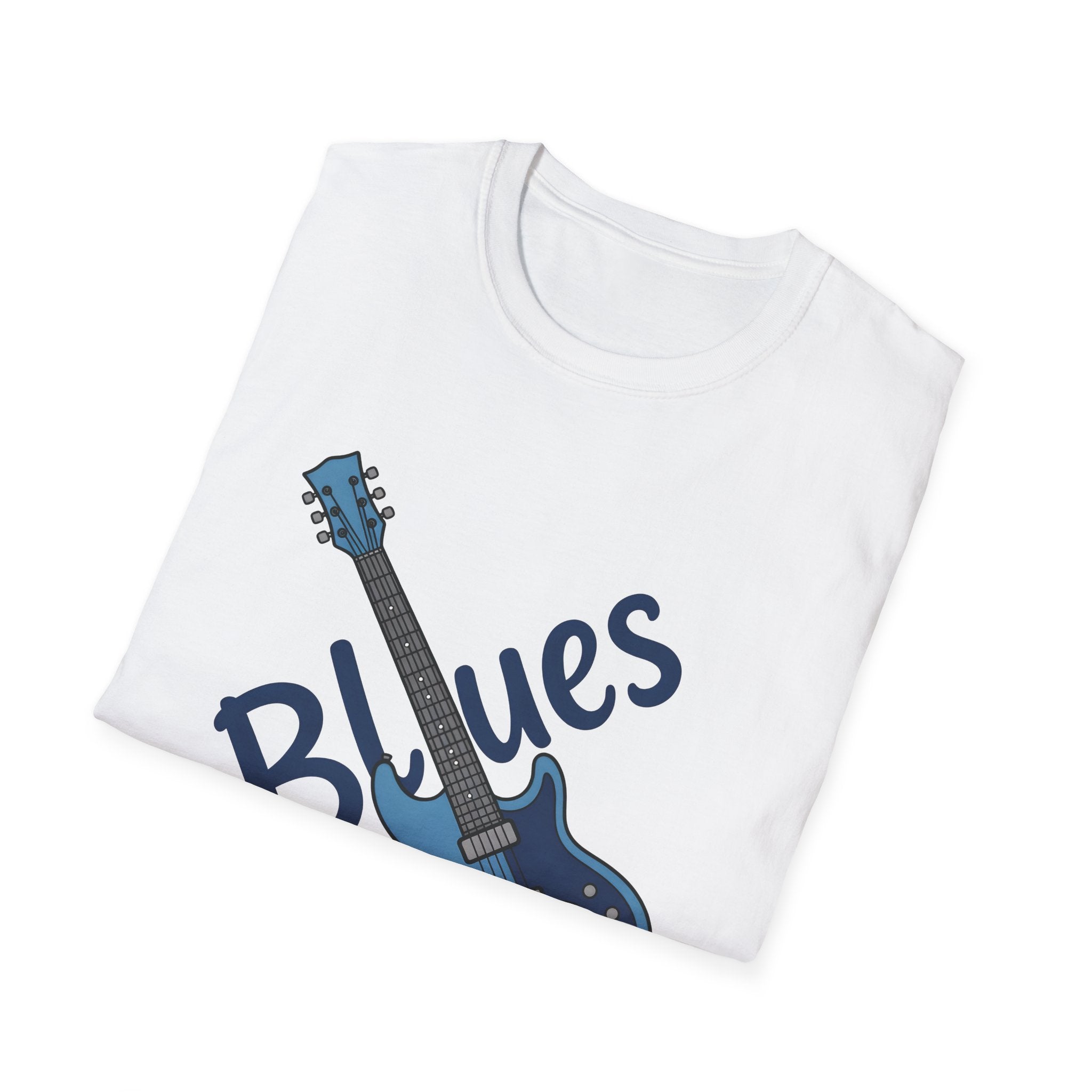 White t-shirt with blue guitar graphic and 'Blues' text on a white background